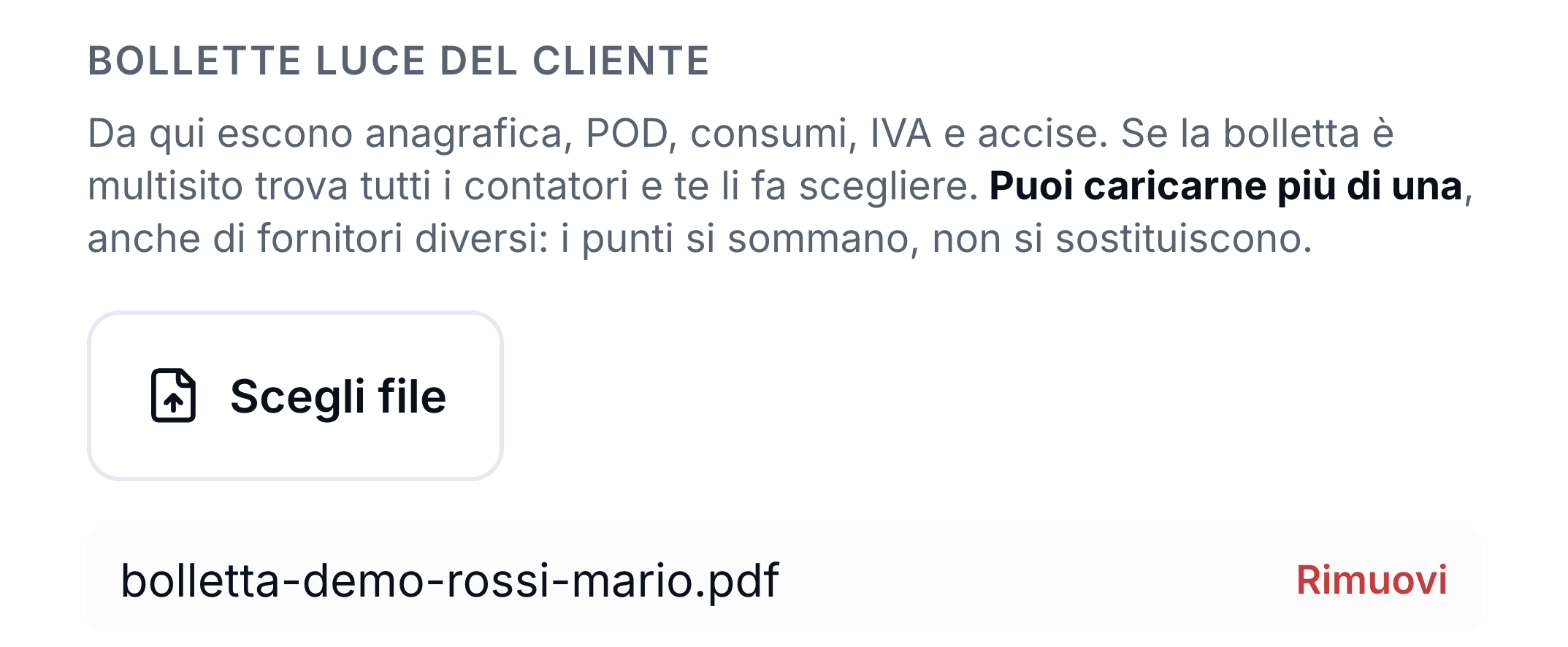 Carichi la bolletta — schermata del portale Tradergy